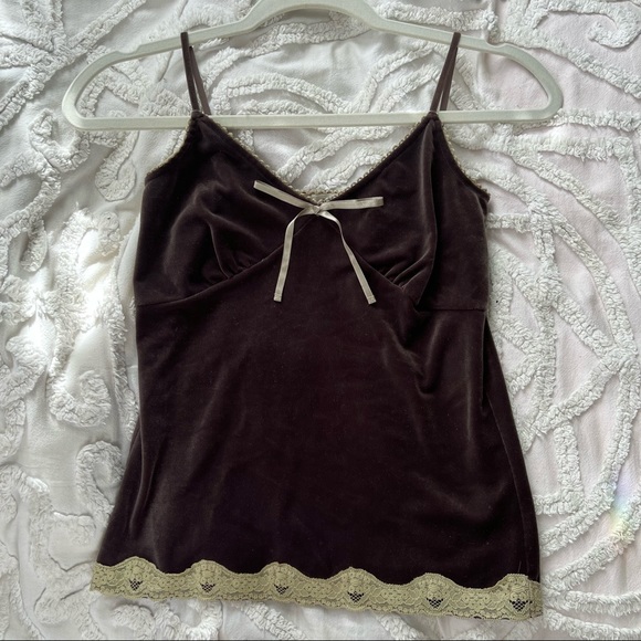 Y2K Velvet Brown Lace Trim Tank Top - Picture 1 of 7